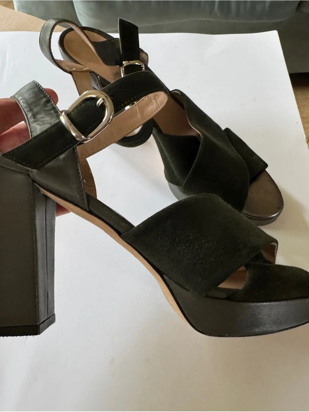 Jennifer Tattanelli Made in Italy Olive Green Suede Block Heel Sandals -size 40